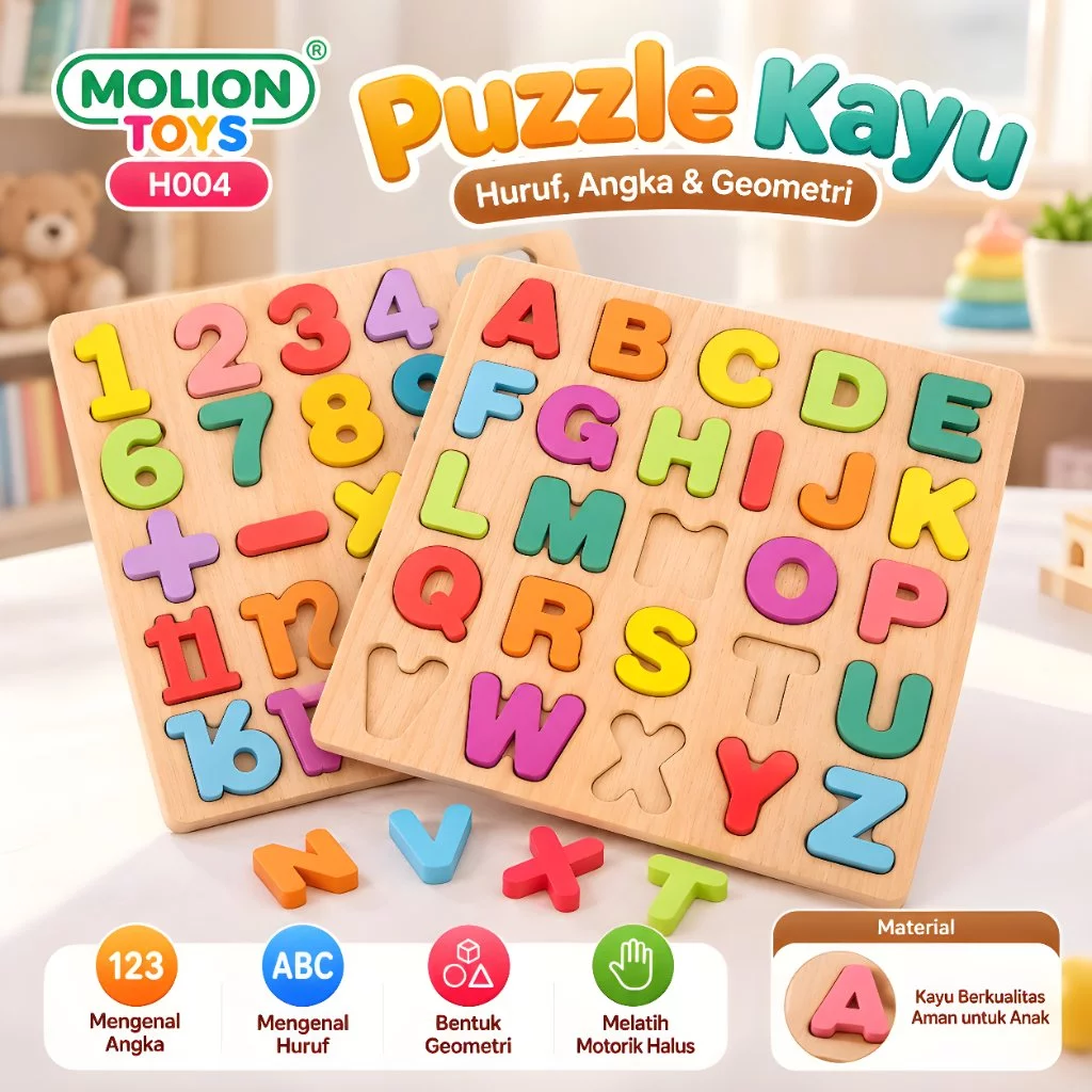 Puzzle Kayu Anak H004 – Puzzle 3D Geometri, Huruf & Angka Edukatif
