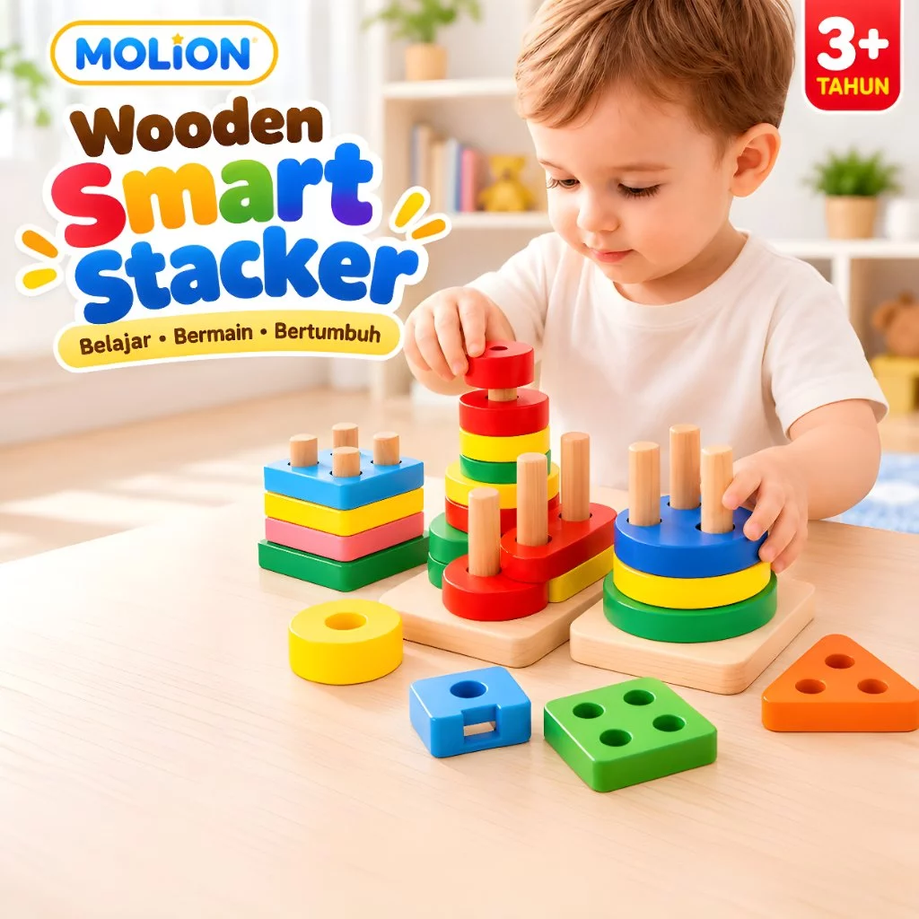 Mainan Balok Kayu Edukasi Anak – Sudut Bulat Aman | Latihan Motorik Halus H5001 Happy Momo