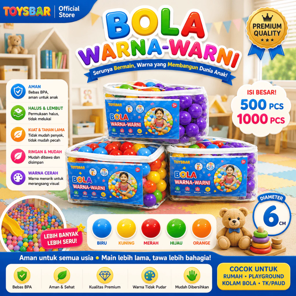 Bola Mandi Anak 6cm MOLION TOYS – Bola Kolam Warna-Warni Isi 2000pcs