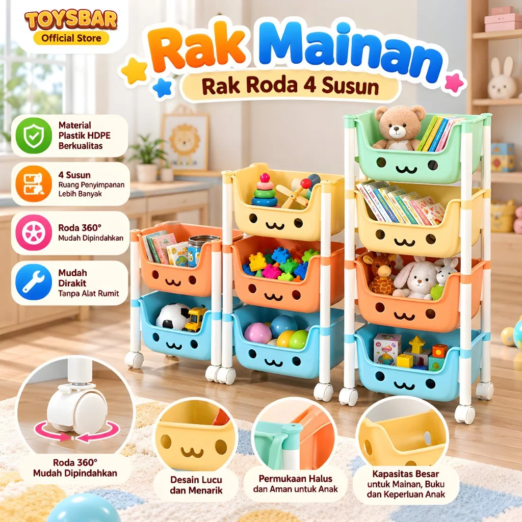 Rak Mainan Anak 4 Susun MOLION TOYS Q2-8804 – Rak Plastik Serbaguna dengan Roda